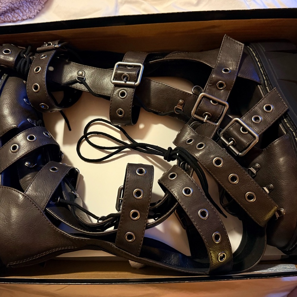 Dolls Kill Dark Brown Gladiator Strapped Combat Platform Boot - Picture 3 of 8